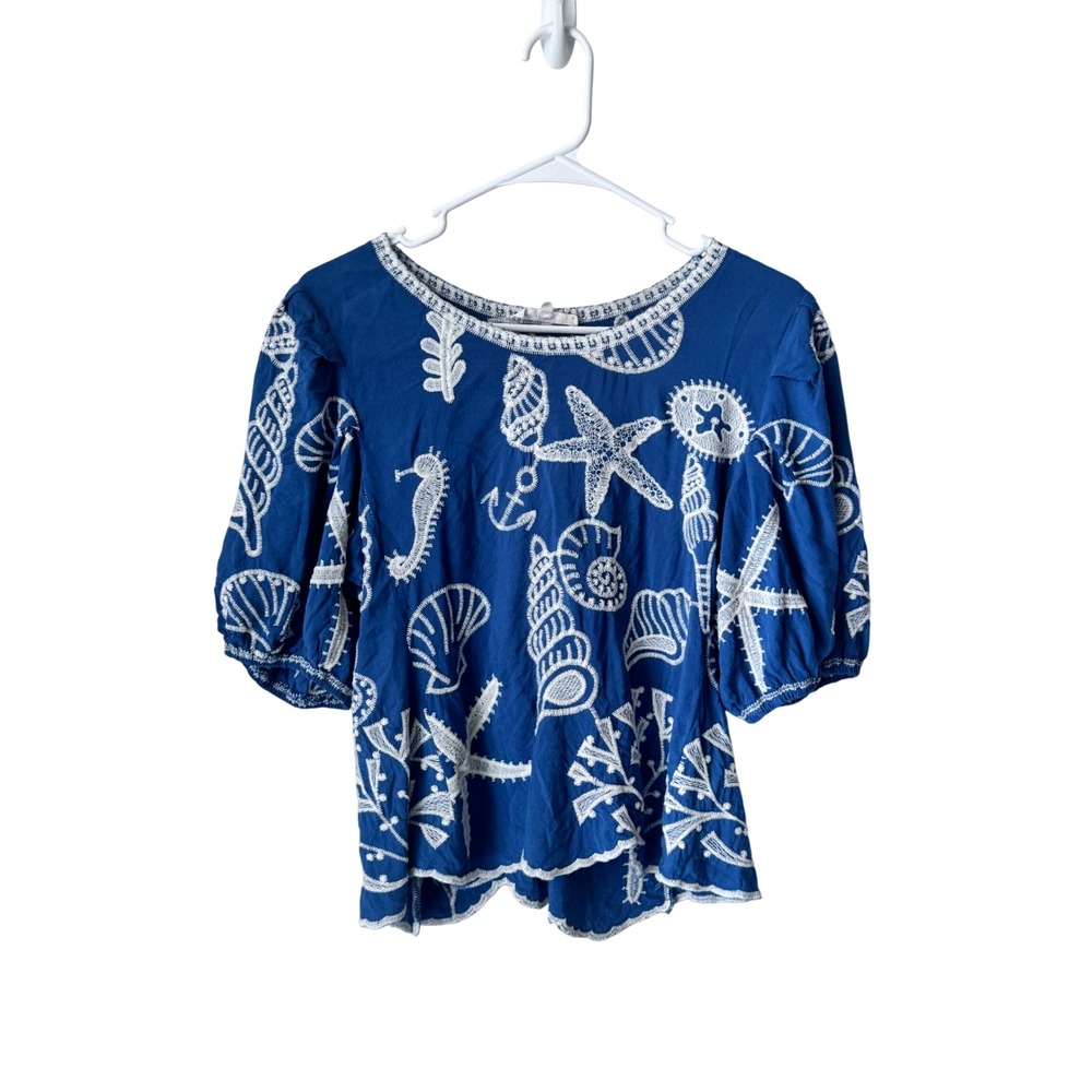 Solitaire Blue White Embroidered Nautical Starfish Blouse Top 24-891 L